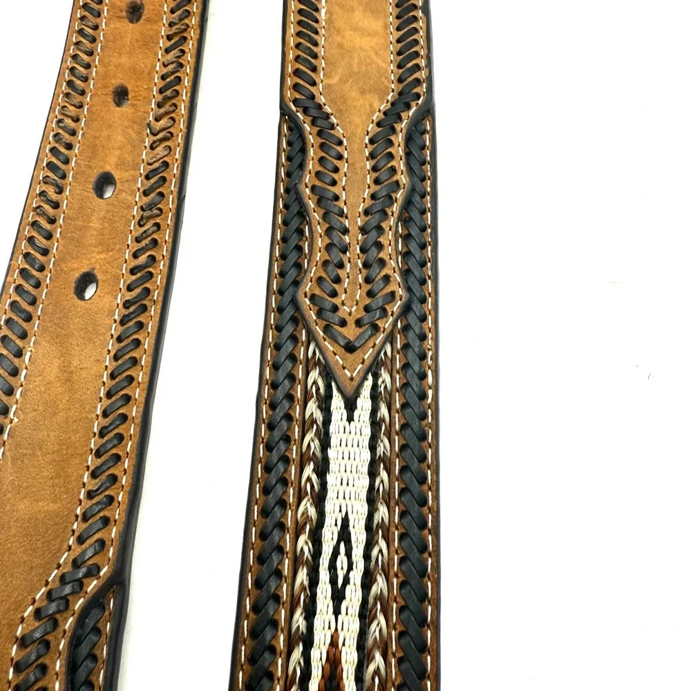 Nocona Western Leather Belt Sz 42 Brown Braided Inlay Cowboy Rodeo Silver Buckle